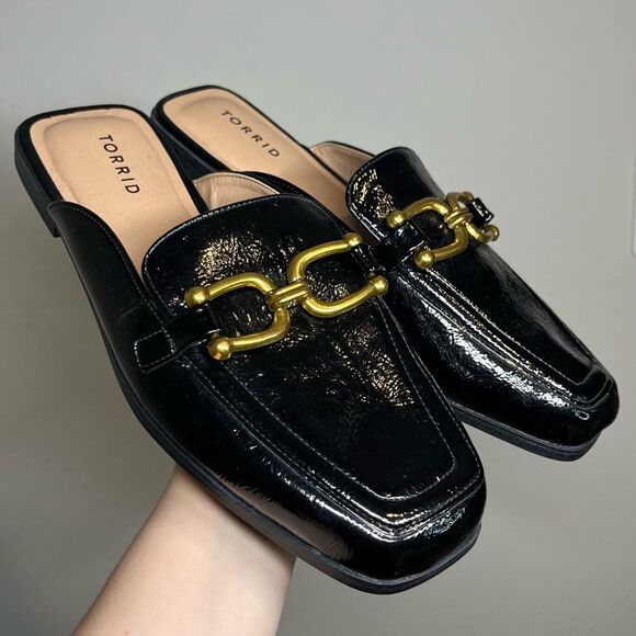 Torrid Mules Women 10.5 WW Wide Shoes Black Patent Leather Chain Slip On Comfort - Picture 1 of 7